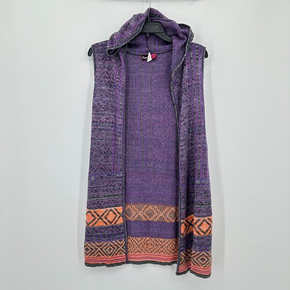 Y2K Say What Sweater Womens M Purple Orange Cardigan Open Front Hoodie‎ Hippie